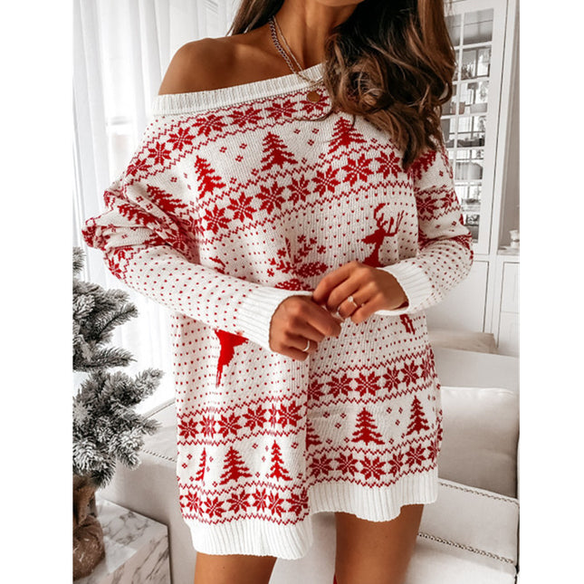 Women's Christmas Knit Dress Jacquard Elk Pattern Loose Sweater Dress Casual Long Sleeve Round Neck Jumpsuit