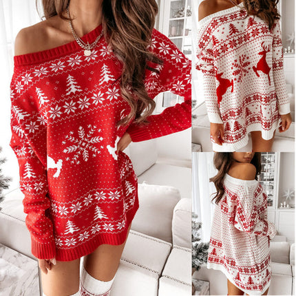 Women's Christmas Knit Dress Jacquard Elk Pattern Loose Sweater Dress Casual Long Sleeve Round Neck Jumpsuit