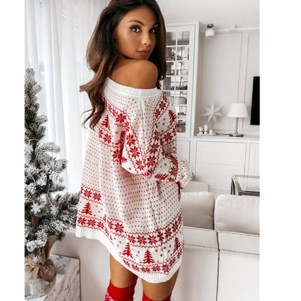 Women's Christmas Knit Dress Jacquard Elk Pattern Loose Sweater Dress Casual Long Sleeve Round Neck Jumpsuit