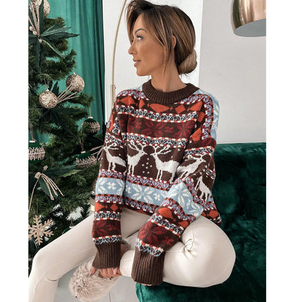 Women's Round Neck Loose Knit Sweater Five Color Christmas Reindeer Pattern Long Sleeve Knit Sweater Pullover Holiday Casual Pullover