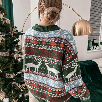 Women's Round Neck Loose Knit Sweater Five Color Christmas Reindeer Pattern Long Sleeve Knit Sweater Pullover Holiday Casual Pullover