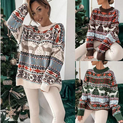 Women's Round Neck Loose Knit Sweater Five Color Christmas Reindeer Pattern Long Sleeve Knit Sweater Pullover Holiday Casual Pullover