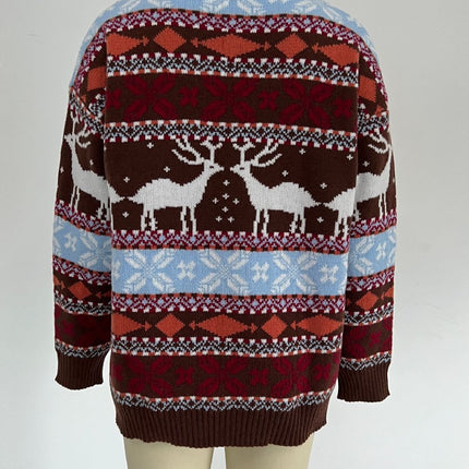 Women's Round Neck Loose Knit Sweater Five Color Christmas Reindeer Pattern Long Sleeve Knit Sweater Pullover Holiday Casual Pullover