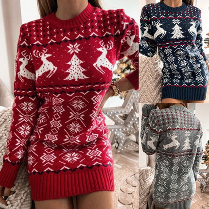 Women's Christmas Snowflake Elk Printed Pullover Sweater Dress Autumn and Winter Slim Round Neck Long Sleeve Knit Mini Dress