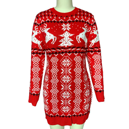 Women's Christmas Snowflake Elk Printed Pullover Sweater Dress Autumn and Winter Slim Round Neck Long Sleeve Knit Mini Dress