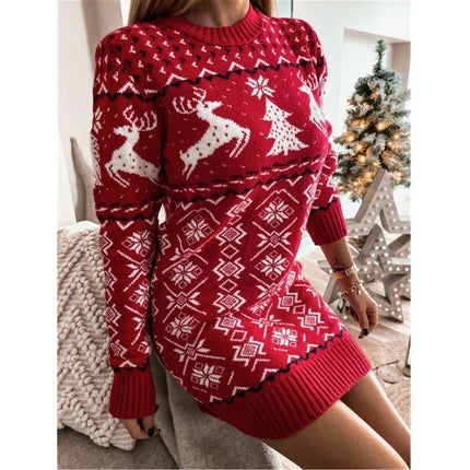 Women's Christmas Snowflake Elk Printed Pullover Sweater Dress Autumn and Winter Slim Round Neck Long Sleeve Knit Mini Dress