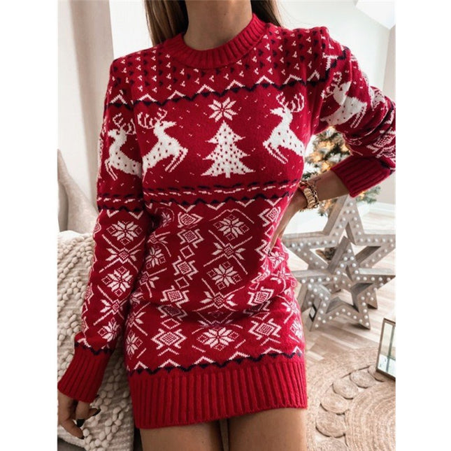 Women's Christmas Snowflake Elk Printed Pullover Sweater Dress Autumn and Winter Slim Round Neck Long Sleeve Knit Mini Dress