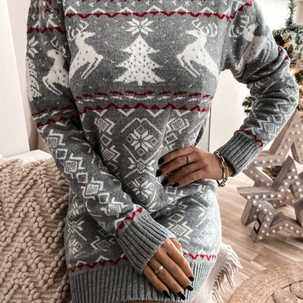 Women's Christmas Snowflake Elk Printed Pullover Sweater Dress Autumn and Winter Slim Round Neck Long Sleeve Knit Mini Dress