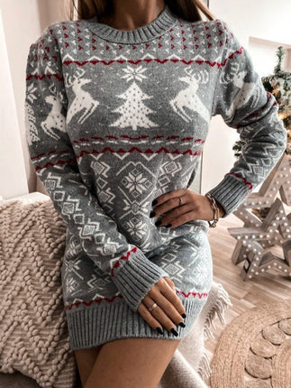 Women's Christmas Snowflake Elk Printed Pullover Sweater Dress Autumn and Winter Slim Round Neck Long Sleeve Knit Mini Dress