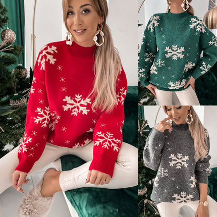 Women's Half Turtleneck Sweater Christmas Day Snowflake Jacquard Women's Tops T Shirt Long Sleeve Crochet Knits