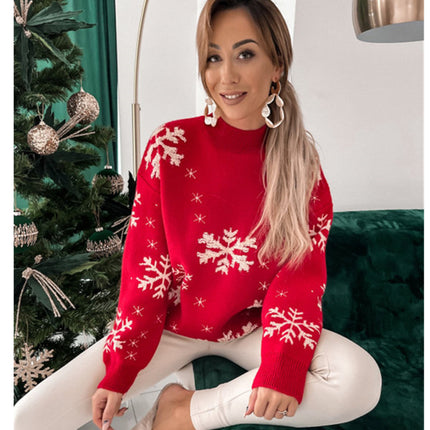 Women's Half Turtleneck Sweater Christmas Day Snowflake Jacquard Women's Tops T Shirt Long Sleeve Crochet Knits