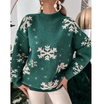 Women's Half Turtleneck Sweater Christmas Day Snowflake Jacquard Women's Tops T Shirt Long Sleeve Crochet Knits