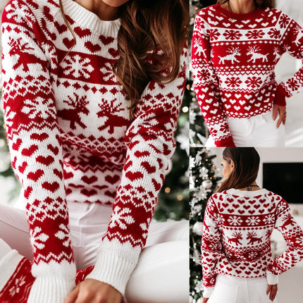 Women's Christmas Pullover Sweater Long Sleeve Round Neck Snowflake Dress Holiday Jacket Loose Sweater