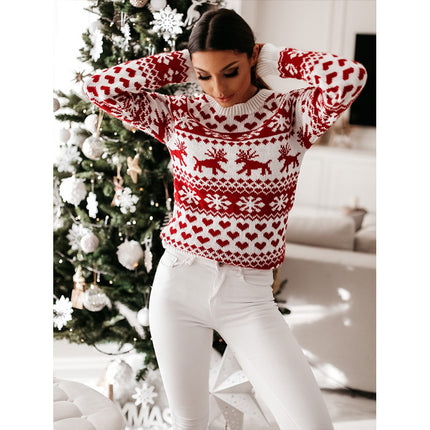 Women's Christmas Pullover Sweater Long Sleeve Round Neck Snowflake Dress Holiday Jacket Loose Sweater