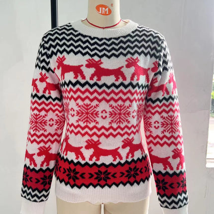 Women's Christmas Sweater, Round Neck Elk Jacquard Long Sleeve Winter Pullover Sweater Couple Christmas Sweater