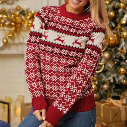 Women's Christmas Jacquard Elk Knit Sweater Long Sleeve Round Neck Striped Pullover Knit Sweater