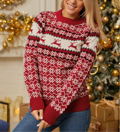 Women's Christmas Jacquard Elk Knit Sweater Long Sleeve Round Neck Striped Pullover Knit Sweater