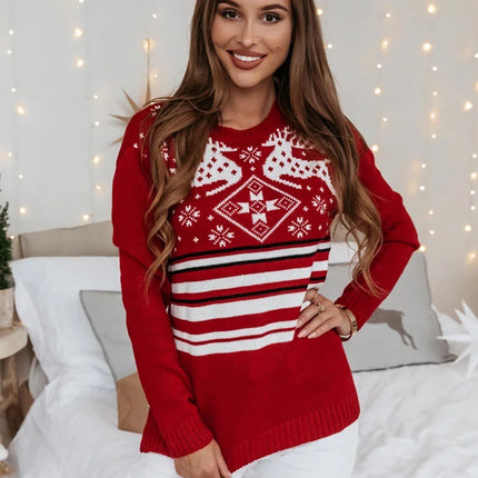 Women's Christmas Knitted Sweater Long Sleeve Color Clash Pullover Top Autumn and Winter Snowflake Elk Printed Clothes