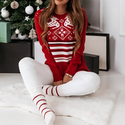 Women's Christmas Knitted Sweater Long Sleeve Color Clash Pullover Top Autumn and Winter Snowflake Elk Printed Clothes