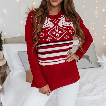 Women's Christmas Knitted Sweater Long Sleeve Color Clash Pullover Top Autumn and Winter Snowflake Elk Printed Clothes