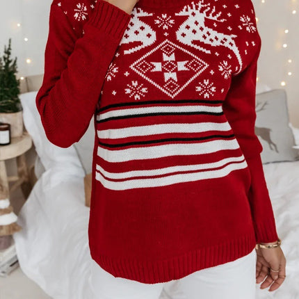 Women's Christmas Knitted Sweater Long Sleeve Color Clash Pullover Top Autumn and Winter Snowflake Elk Printed Clothes