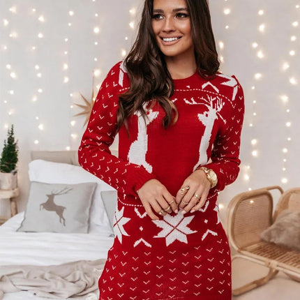 Crewneck Sweater Dresses for Ladies Long Sleeve Festival Christmas Jacquard Crochet Knit Dresses Women