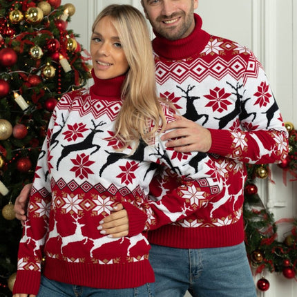 Christmas Sweater Couple Long Sleeve Sweater Christmas Snowflake Sweater Trendy Reindeer Christmas Tree Sweater Turtleneck Loose Sweater