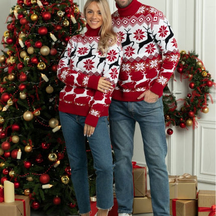 Christmas Sweater Couple Long Sleeve Sweater Christmas Snowflake Sweater Trendy Reindeer Christmas Tree Sweater Turtleneck Loose Sweater