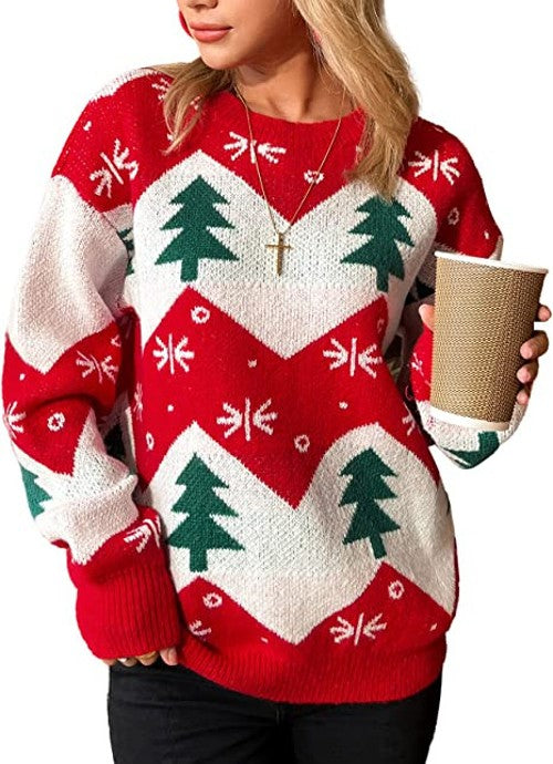 Women's Christmas Sweater Autumn Christmas Tree Jacquard Casual Long-Sleeved Sweater Pullover Knitwear Xmas Shirts