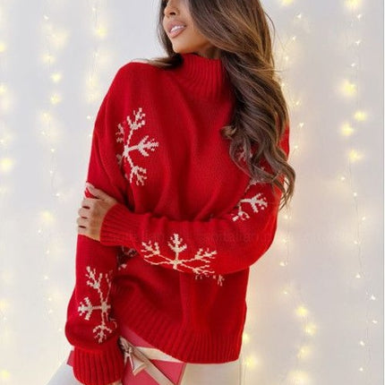 Women's Christmas Sweater Casual Snowflake Jacquard Turtleneck Ladies Loose Long Sleeve Pullover Knitwear Xmas Shirts