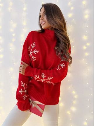 Women's Christmas Sweater Casual Snowflake Jacquard Turtleneck Ladies Loose Long Sleeve Pullover Knitwear Xmas Shirts