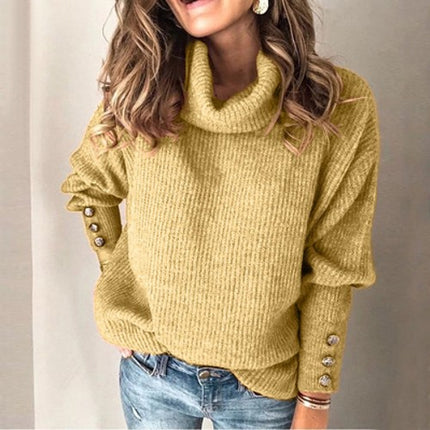 Womens Sweaters Fall High Neck Cuff Long Sleeve Solid Color Tops Button Knit Pullover Sweaters Clothes for Women