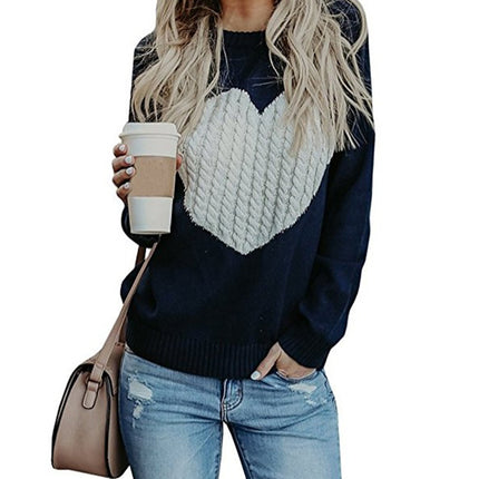 Fashion Women's Pullover Sweater Autumn and Winter Big Size Long Sleeve Round Neck Cute Heart Shape Knit Loose Top Shirt