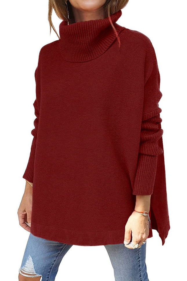 Women's Warm High Neck Sweater Knit Batwing Sleeve Winter Autumn Women's Sweater Split Hem Tunic Pullover Top Solid Color Long