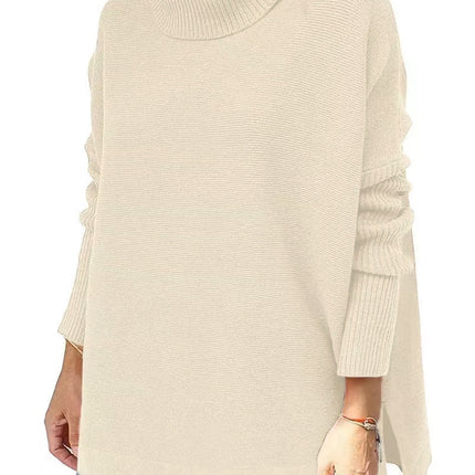 Women's Warm High Neck Sweater Knit Batwing Sleeve Winter Autumn Women's Sweater Split Hem Tunic Pullover Top Solid Color Long