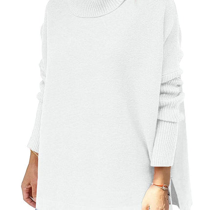 Women's Warm High Neck Sweater Knit Batwing Sleeve Winter Autumn Women's Sweater Split Hem Tunic Pullover Top Solid Color Long