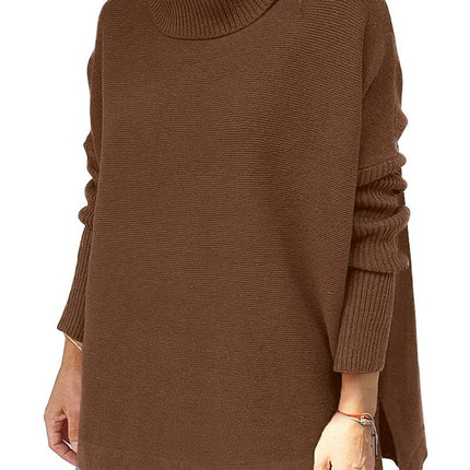 Women's Warm High Neck Sweater Knit Batwing Sleeve Winter Autumn Women's Sweater Split Hem Tunic Pullover Top Solid Color Long