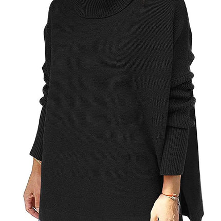 Women's Warm High Neck Sweater Knit Batwing Sleeve Winter Autumn Women's Sweater Split Hem Tunic Pullover Top Solid Color Long