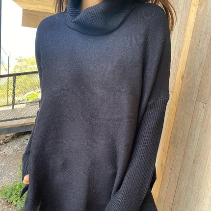 Women's Warm High Neck Sweater Knit Batwing Sleeve Winter Autumn Women's Sweater Split Hem Tunic Pullover Top Solid Color Long