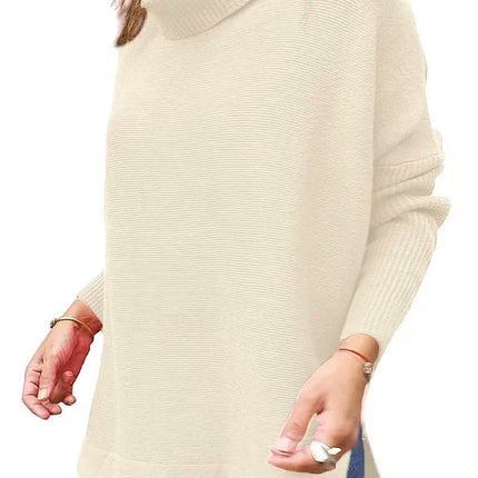 Women's Warm High Neck Sweater Knit Batwing Sleeve Winter Autumn Women's Sweater Split Hem Tunic Pullover Top Solid Color Long