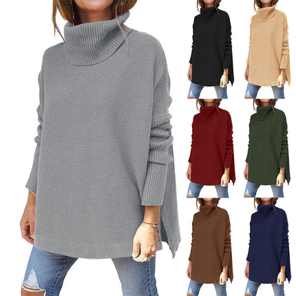 Women's Warm High Neck Sweater Knit Batwing Sleeve Winter Autumn Women's Sweater Split Hem Tunic Pullover Top Solid Color Long