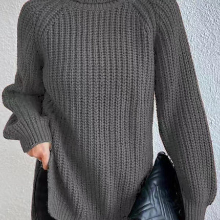 Women's high-neck sweater dress fall and winter mid-length shoulder insertion long-sleeved solid color Slim side split warm long sweater dress