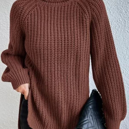 Women's high-neck sweater dress fall and winter mid-length shoulder insertion long-sleeved solid color Slim side split warm long sweater dress