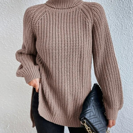 Women's high-neck sweater dress fall and winter mid-length shoulder insertion long-sleeved solid color Slim side split warm long sweater dress