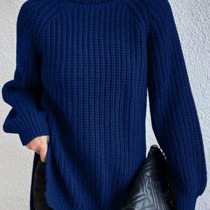 Women's high-neck sweater dress fall and winter mid-length shoulder insertion long-sleeved solid color Slim side split warm long sweater dress