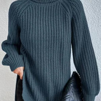 Women's high-neck sweater dress fall and winter mid-length shoulder insertion long-sleeved solid color Slim side split warm long sweater dress