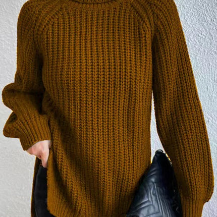 Women's high-neck sweater dress fall and winter mid-length shoulder insertion long-sleeved solid color Slim side split warm long sweater dress