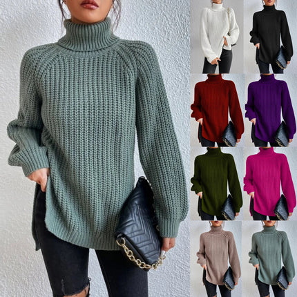 Women's high-neck sweater dress fall and winter mid-length shoulder insertion long-sleeved solid color Slim side split warm long sweater dress