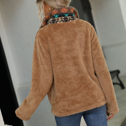 Women's fleece warm fluffy plush sweater half-zipper fashion casual pullover printed pocket sweater jacket jacket