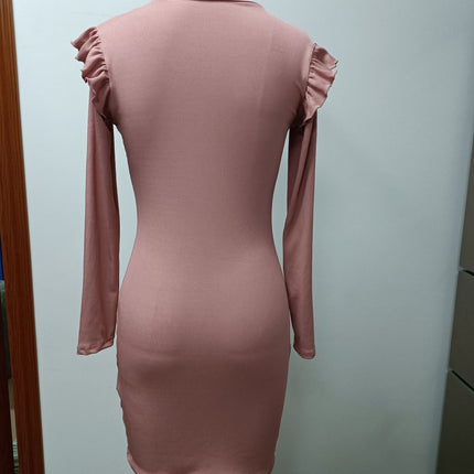 Women's Dresses Half High Neck Button Embellished Bodycon Jacket Dresses Wood Ear Trim Long Sleeve Midi Pencil Dresses